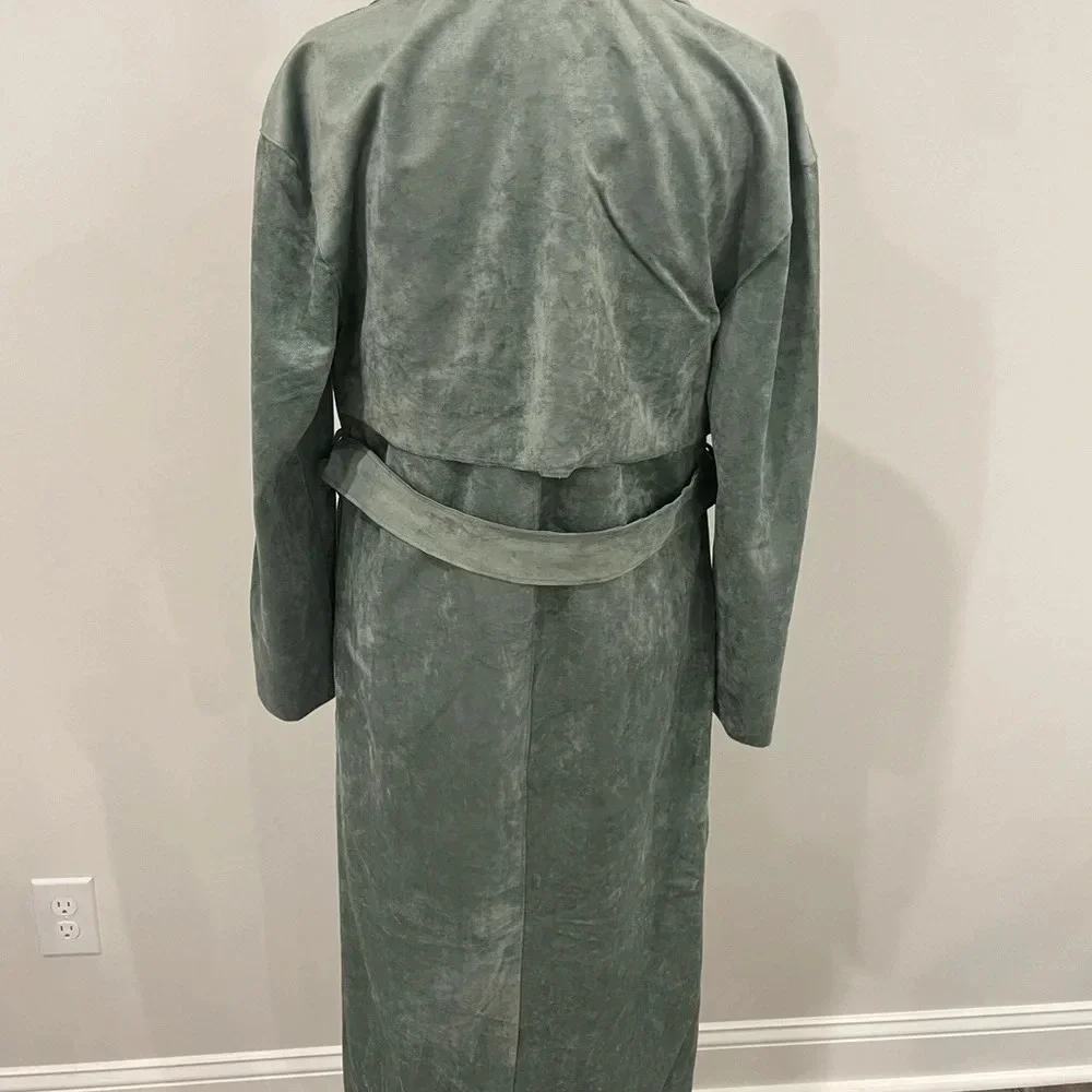 Anthropologie Blank NYC Green Faux Suede Plush Belted Trench Coat Jacket Sz XS - Picture 9 of 14